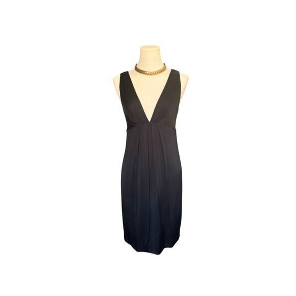 Poleci Black Deep V Neck Mini Dress Open Back Ruched XS